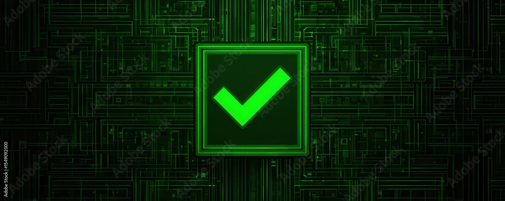 Poster a glowing green checkmark icon is centered on a dark, circuit-like digital background, symbolizing a