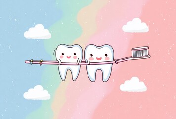 Adorable Cartoon Teeth on Toothbrush Pastel Rainbow Background