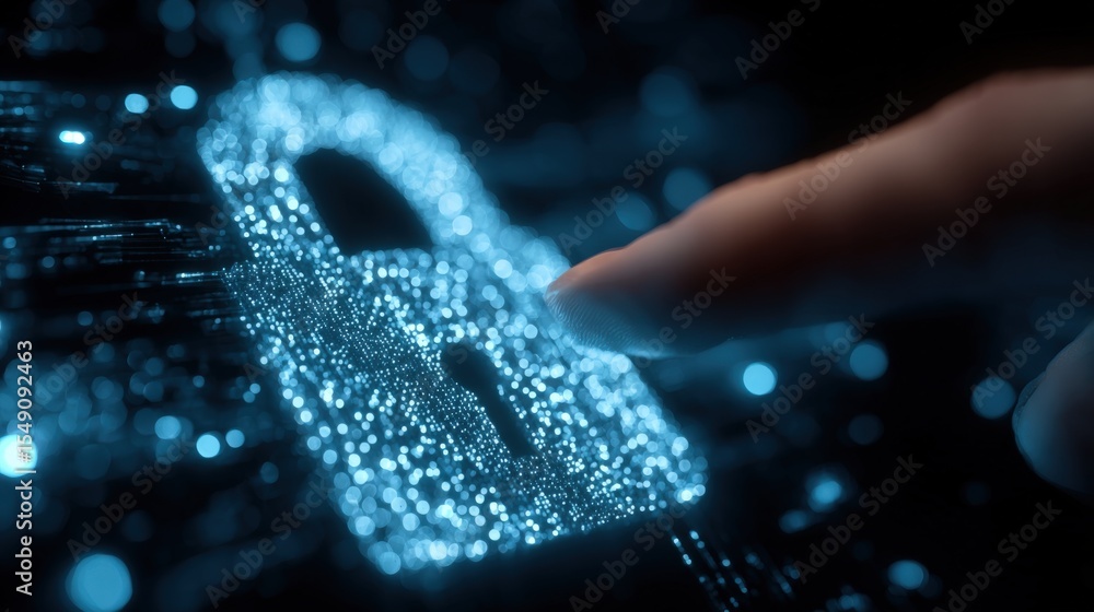 Poster Digital Security and Data Protection Concept Featu a Glowing Digital Lock and Finger Pointing
