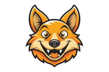 A cheerful fox head smiles openly, showing its teeth in a bold, orange mascot