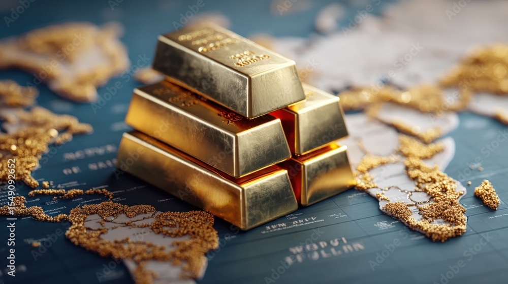 Poster close-up of stacked gold bars on world map background symbolizing wealth and finance