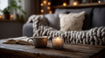 Fototapeta premium Cozy Living Room Scene with Candlelit Coffee Table and Soft Couch Decor