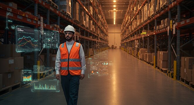 Warehouse Worker Navigating Future-Tech Inventory Management System
