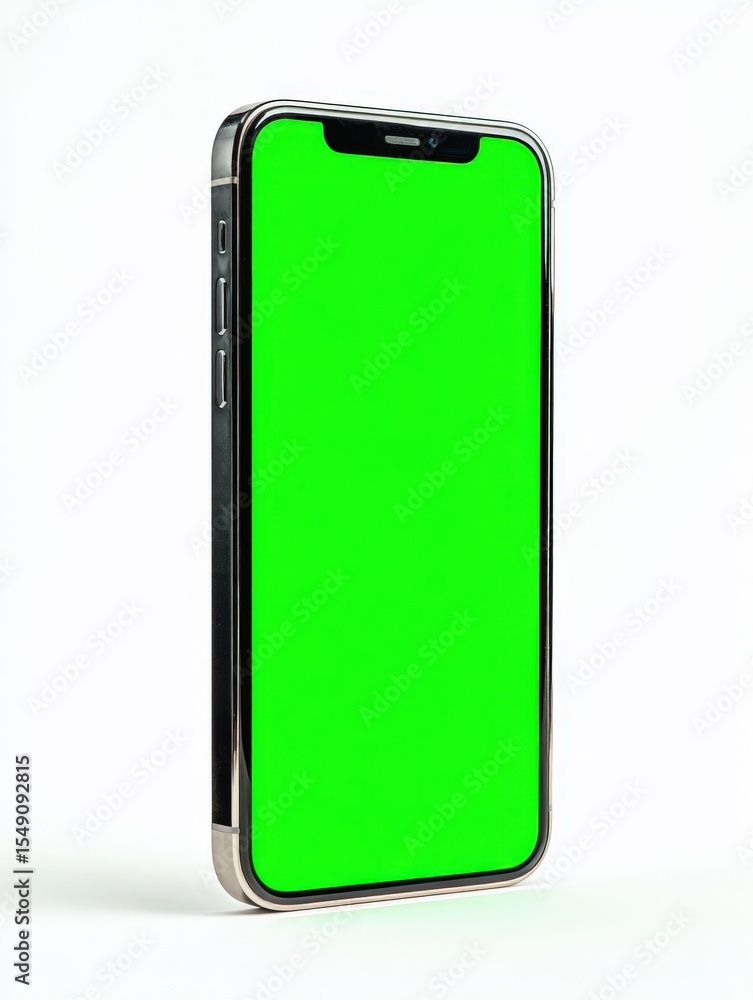 Poster modern smartphone with green screen display on a sleek black and silver device