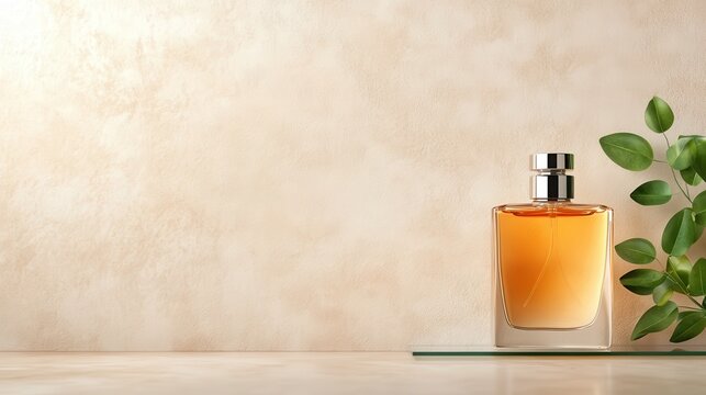 This elegant perfume bottle is displayed on a soft beige surface, perfectly capturing the essence of luxury and sophistication in minimalist style.