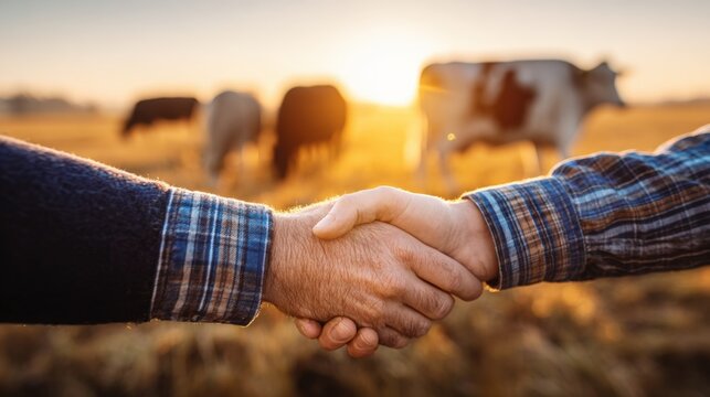 Warm handshake between two farmers in a field du sunset with cattle grazing in background
