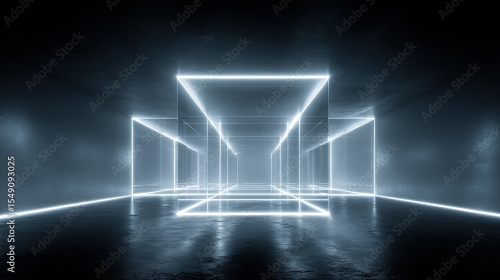 Poster Futuristic neon tunnel glowing with bright illuminated geometric rectangular frames in dark environment