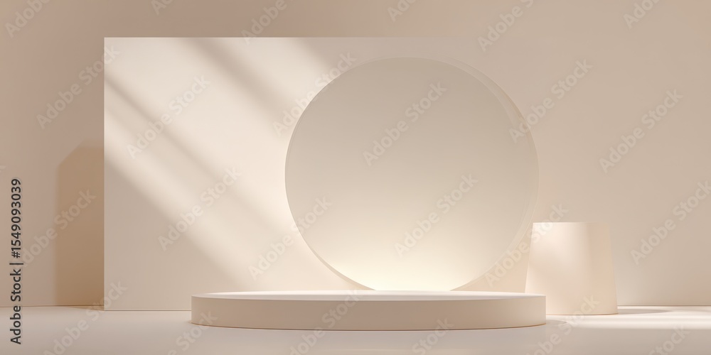 Poster minimalist modern interior with round mirror and soft lighting on neutral background