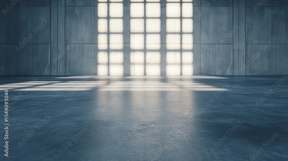 Poster a spacious room featuring a smooth concrete floor and a wall with sunlight streaming through a windo