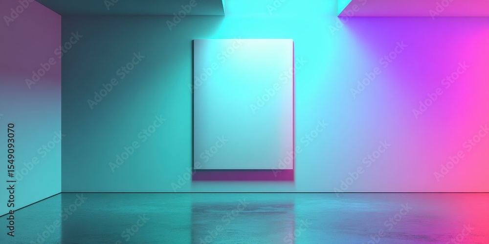 Poster wide empty gallery space with colorful lighting and illuminated wall panel