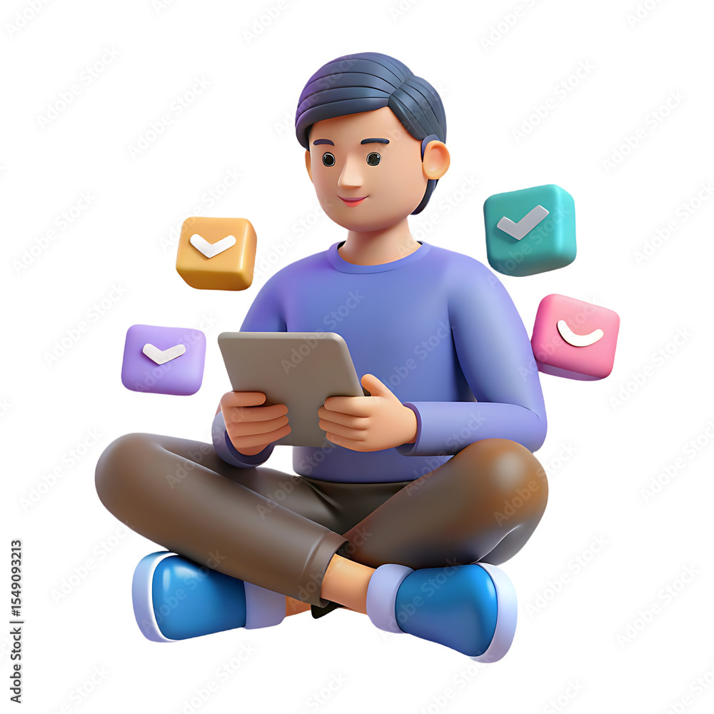 Poster 3d cartoon man using tablet checklist isolated on transparent background