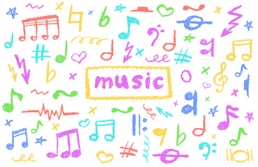 Vector illustration of colorful music notes in charcoal scribble style. Handwritten pop sketch elements on white for edgy, school designs. Cute childish music kindergarten pastel or wax pencil signs