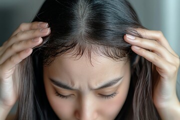 Naklejka premium Concerned young Asian woman showing damaged hair after brushing, visibly upset by hair loss, Generative AI