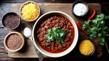 Delicious homemade chili con carne served with fresh vegetables and toppings on rustic wooden table