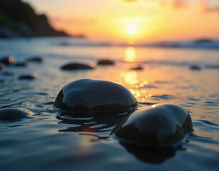 As dawn breaks, smooth stones emerge from gently lapping waves, reflecting the vibrant hues of sunrise while the ocean embraces the shore with grace Generative AI