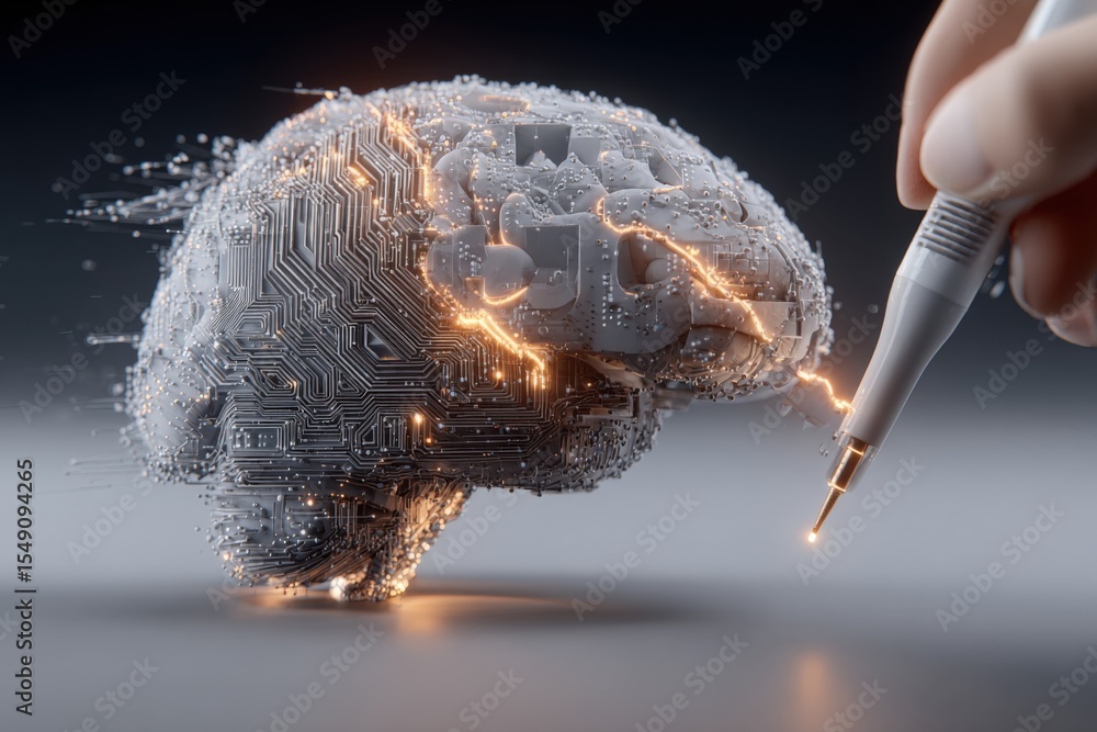 Poster Artistic digital illustration of a human brain with circuit patterns and glowing tech elements