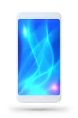 Obraz na płótnie Canvas Smartphone with glowing blue interface, white model. White smartphone with a glowing blue bokeh screen. Clean, futuristic look isolated on light background. 