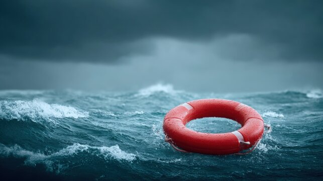Lifebuoy floating in rough stormy ocean waves under dark stormy sky background - Powered by Adobe