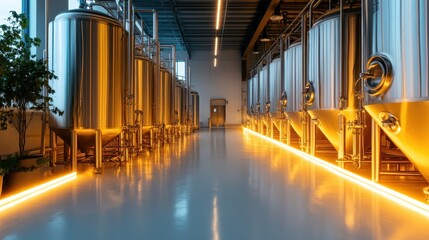An impressive view of modern brewery equipment illuminated with warm, golden lighting, showcasing the art and science behind brewing, inviting exploration and appreciation.