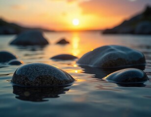 Gentle waves caress the polished stones as the sun rises, casting a warm light on the water. The atmosphere is peaceful, inviting serenity and reflection Generative AI