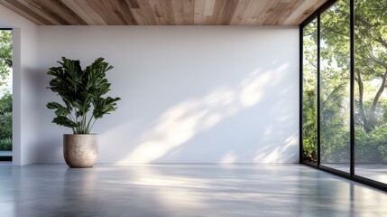 An elegant minimalist room featuring a large green plant in a textured pot, illuminated by natural light streaming through expansive glass windows, creating a serene atmosphere.