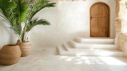 Obraz premium A beautiful entrance area adorned with a wooden door and lush green plants, leading to a serene path that emphasizes natural materials and warm textures in a tranquil setting.