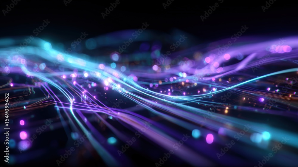 Poster Abstract digital futuristic background with glowing colorful neon lines and particles