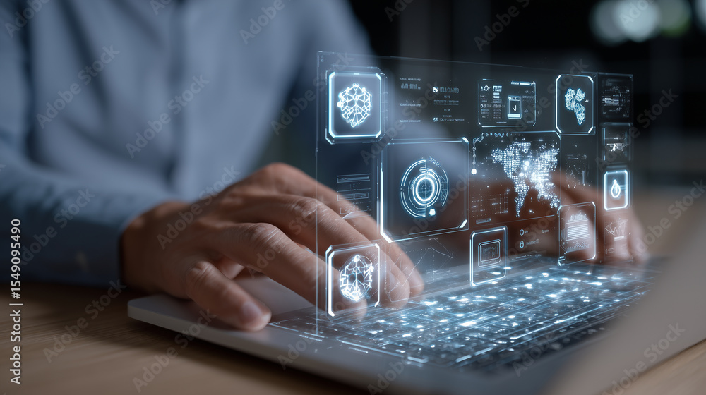 Poster professional man using a laptop with transparent digital interface, displaying futuristic icons for 