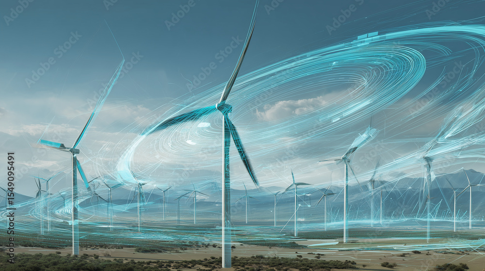 Poster a futuristic digital illustration of a wind farm with multiple turbines converting air currents into