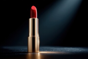 Elegant Red Lipstick in a Gold Tube on Dark Background with Spotlight Lighting