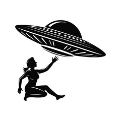 Black Silhouette Woman Reaching For Flying Saucer U F O Black And White Space Alien Abduction spaceship