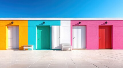 A stunning view of vibrantly colored beach huts arranged neatly against a clear blue sky, embodying the warmth and joy of summer days by the sea in a picturesque location.