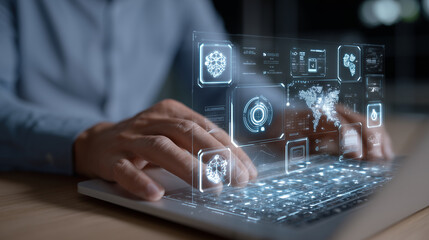 Professional man using a laptop with transparent digital interface, displaying futuristic icons for digital strategy, artificial intelligence, and global connectivity AI in busines
