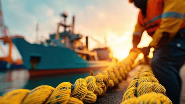 Long thick yellow rope tied to dock with blurred ship and sunset in background