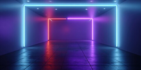 Futuristic neon light room with glowing geometric frames and vibrant colors