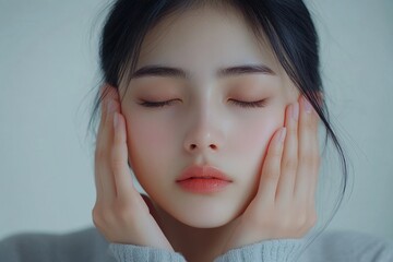 Eye problem concept, fatigued Asian young woman rubbing her eyes, experiencing dry relief pain after prolonged laptop use, indicating eye strain and migraine, Generative AI