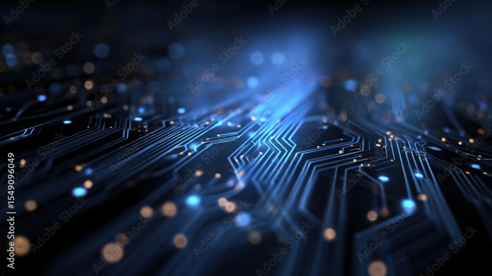 Aufkleber Close Up View of a Digital Circuit Board with Bright Blue Lines and Data Flow