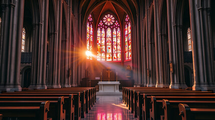 cathedral chancel view with the last rays of sunset blazing through stained glass windows, casting ruby and sapphire light across the empty pews and marble altar