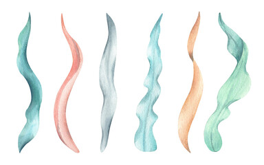 Set of seaweed, kelp, ocean plants. Watercolor illustration isolated on white background. Hand drawn sea leafs, children style in blue, coral, mint, turquoise colors. For sea theme design