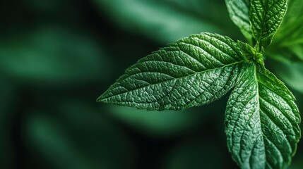 A close-up view of fresh mint leaves showcases their vibrant green color and texture, representing nature's freshness and the essence of culinary herbs in cooking.