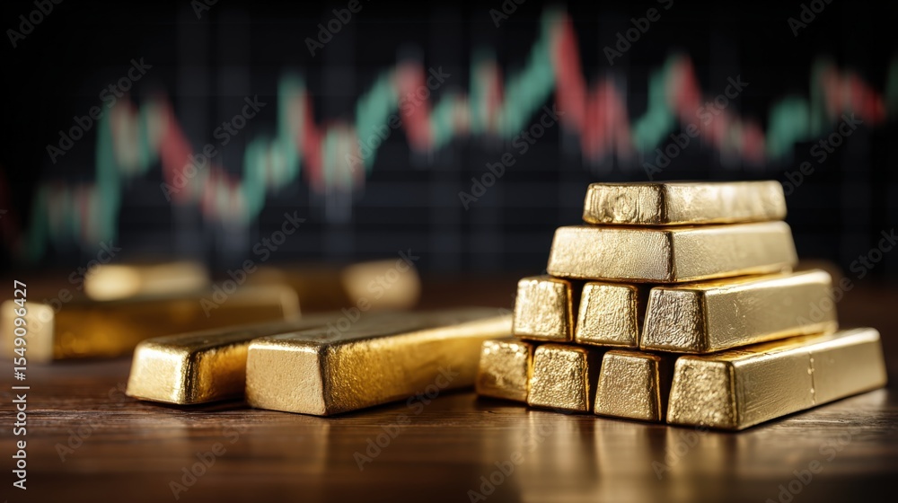 Poster close-up of shiny gold bars stacked with financial graph background and investment concept