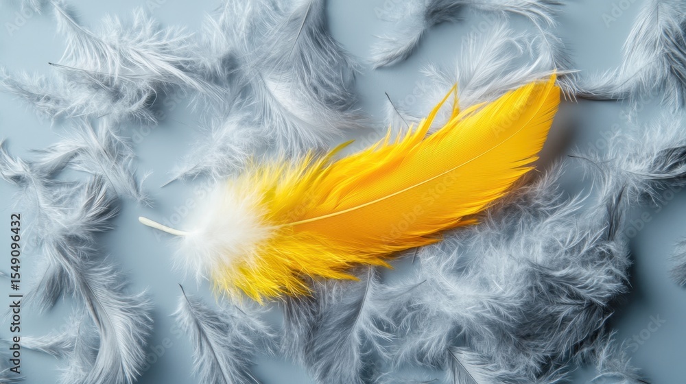Poster a beautiful yellow feather rests on a soft gray backdrop, creating a striking contrast that symboliz