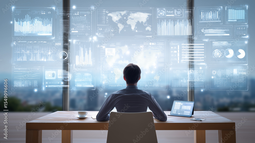 Poster entrepreneur at desk analyzing business performance through interactive virtual interface above lapt