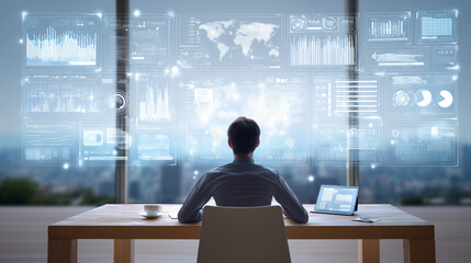 Entrepreneur at desk analyzing business performance through interactive virtual interface above laptop, concept of smart technology and efficiency virtual analytics, futuristic das