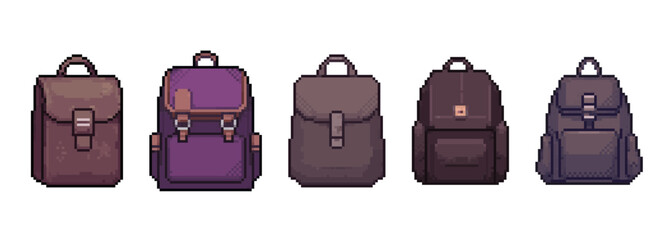 Pixel Art Backpack and Briefcase Collection, Travel and School Icons. versatile collection of five distinct pixel art bags, ranging from briefcases to backpacks in a classic retro video game