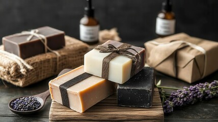 Four bars of organic soap, tied with twine, lie in a cardboard box, surrounded by natural ingredients, embodying eco conscious hygiene