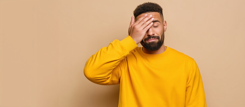 Frustrated man in yellow shirt holding hand to forehead, expression of mistake, regret, or realization on beige background regret expression, forgot something, oops moment, human e