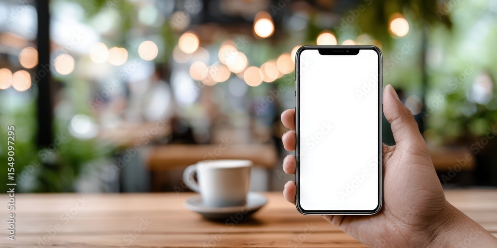 Poster person holding smartphone with empty screen in coffee shop with blurred background