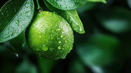 A vibrant lime hanging on a tree, glistening with dew drops, symbolizing freshness and vitality, ideal for illustrating the essence of nature's bounty.