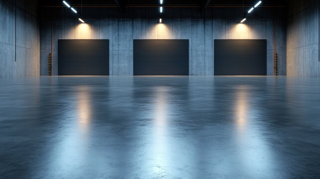 A spacious industrial garage with polished floors and studio lighting creating a modern, sleek appearance, perfect for showcasing products or artistic displays.